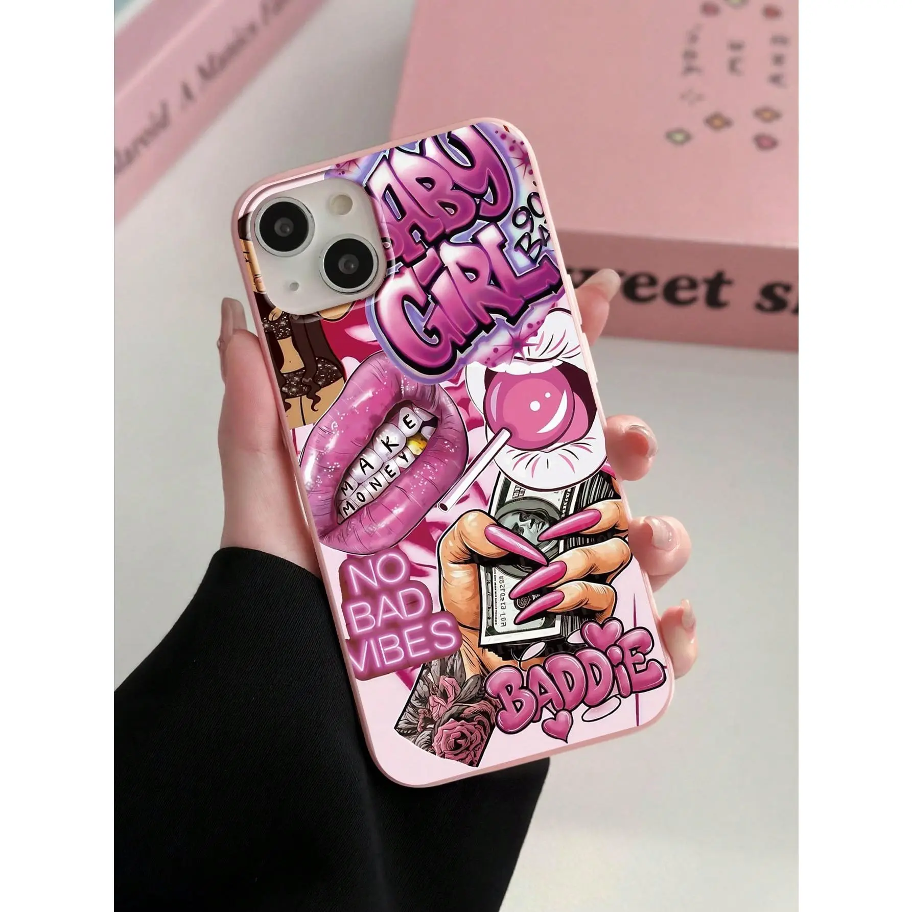 Y2K graffiti phone case, rhinestone high heels and dollar pattern, hip-hop style wealth symbol patchwork pattern magenta phone case, compatible with iPhone 17/16/15/14/13/12/11/X/XS/XSMAX/XR/7P/8P, holiday gift, Tpu, Accessories, Smartphone