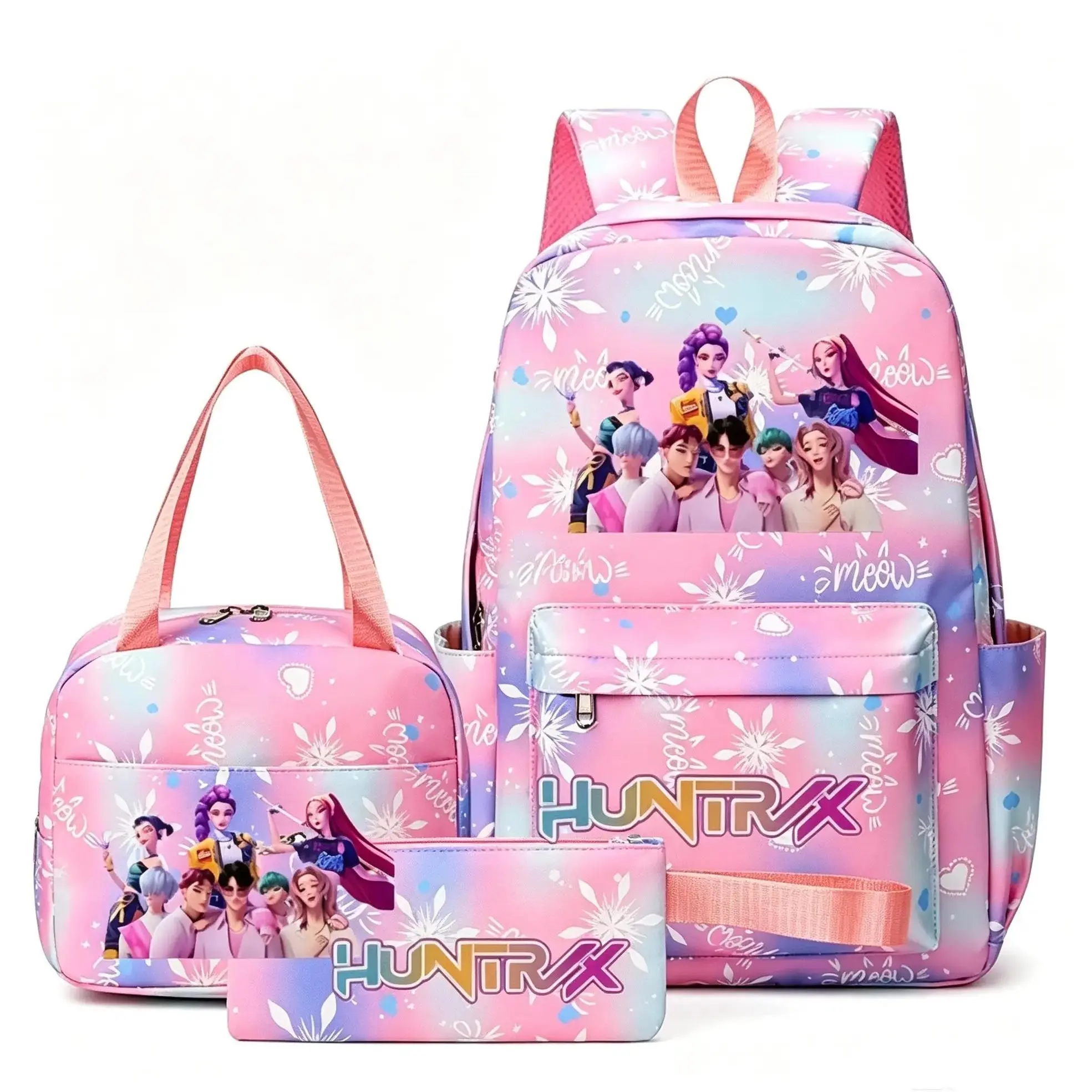 3-Piece K-Pop Style Snowflake Print Backpack Set—Back-to-School Essential (Includes School Backpack, Lunch Bag, and Pencil Case) Suitable for School and Travel