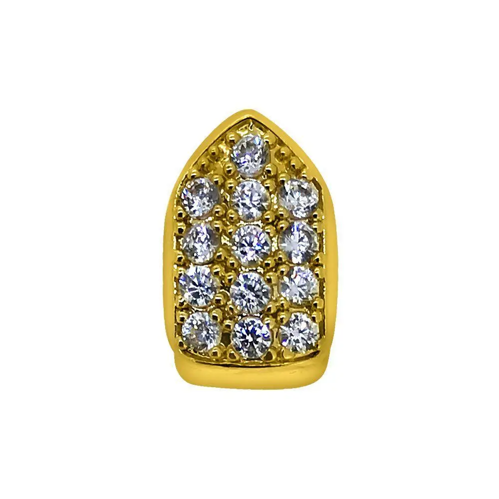Single Tooth Grillz for Bottom Teeth, Iced Out Gold-Plated Brass with Prong-Set CZ Diamond, Removable Custom-Fit with Silicone Mold & Storage Box