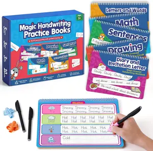 Magic Handwriting Practice Books for Kids Large Grooved Handwriting Copybook Reusable Learn to Write Number Letter Preschool Tracing Workbook with Magic Pens & Refills for Early Learning Activities Spiral Notebook Sticker Decals