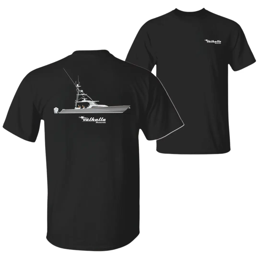 Valhalla Boatworks V-55 T-Shirt, Luxury Offshore Fishing Boat Graphic Tee, Soft Cotton Blend Marine Apparel, Deep Sea Angler Shirt for Men & Women, Boat Gift