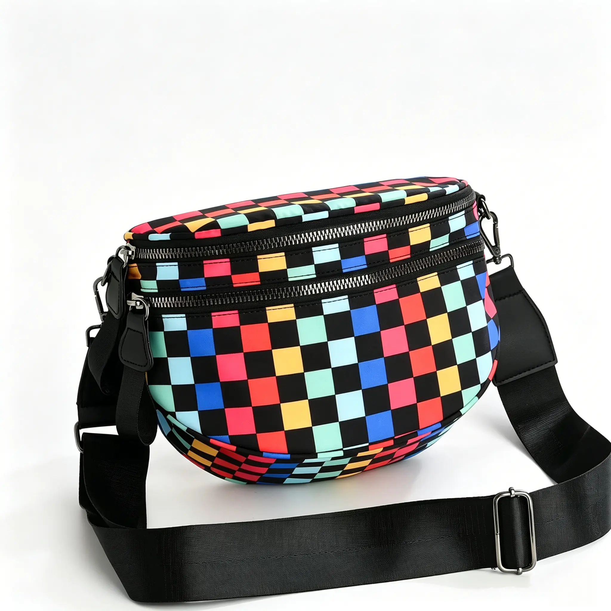 Women's Rainbow Checkered Fanny Pack, Sporty Chic Half-Moon Crossbody Sling Bag in Water-Resistant Nylon with Wide Adjustable Strap, Athletic