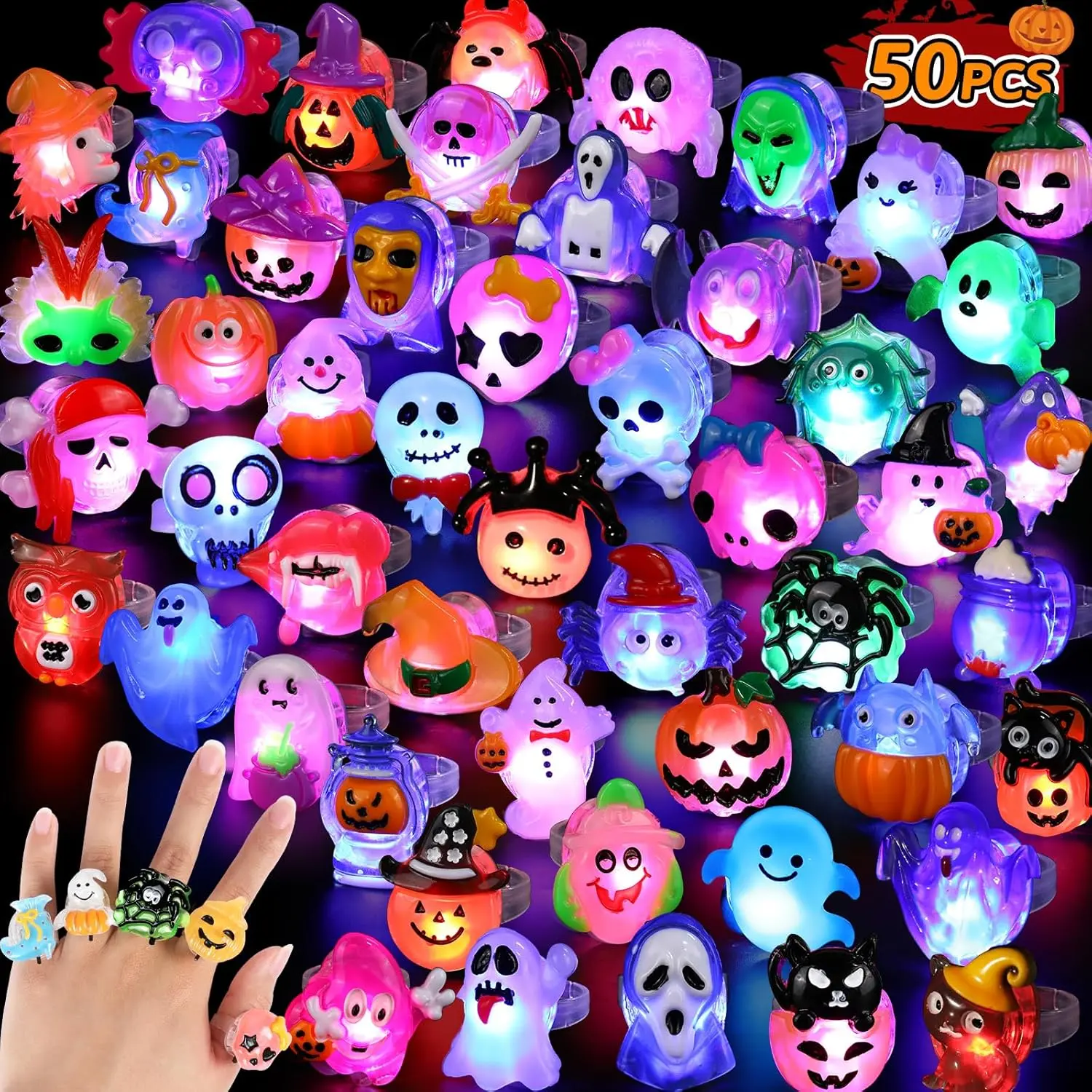 50pcs 3D Halloween Treats Bulk Light Up Rings Gifts Halloween Party Favors