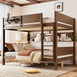 Queen Over Queen Bunk Bed Frame with Storage Shelves & Convenient Tray, Wooden Queen Size Bunk Bed with Solid Slats, No Box Spring Required, Easy Assembly, Kids Bunk Bed Queen Size for Bedroom, Brown