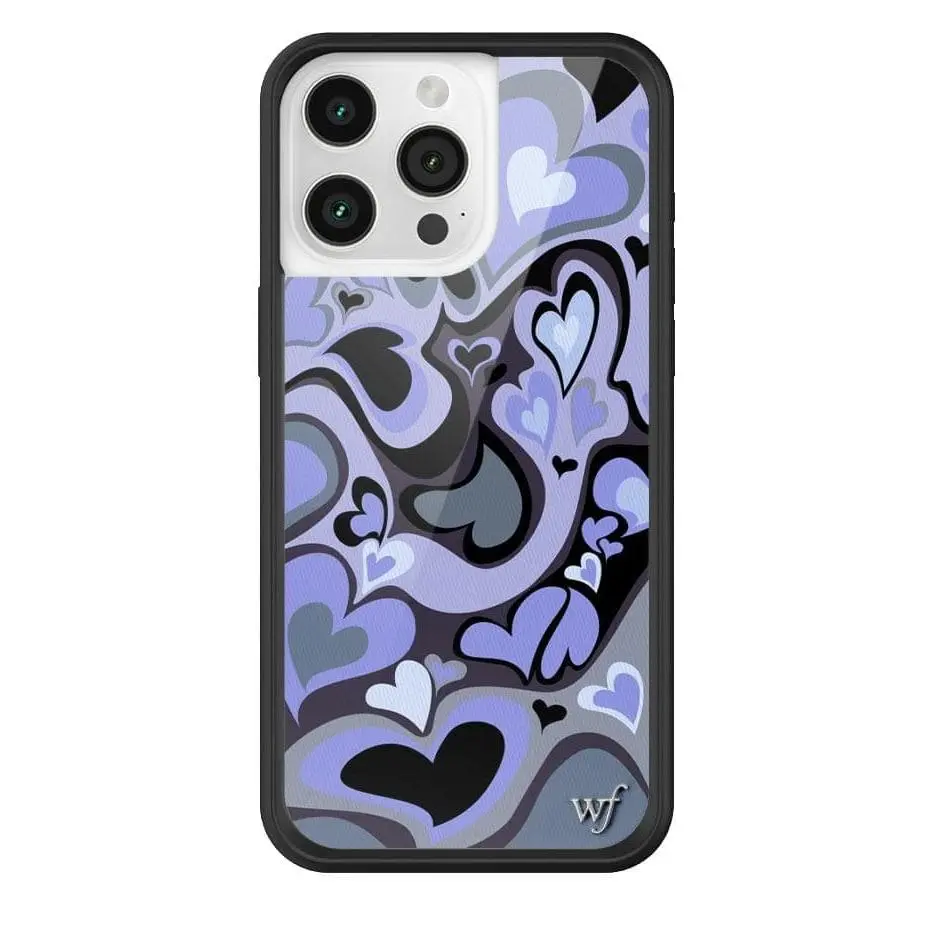 Purple Salem Mtichell | Limited Edition Trendy Collaboration iPhone Case | Raised Protective Black Bumper | Women Owned Small Business | Swirly Black and Lavendar and Dark Purple Heart Pattern Background | Safety Casing Protective | Gift for Her