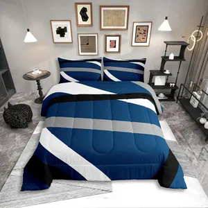Feelyou Multi-Size Boho Aesthetic Duvet Comforter Set - Breathable Digital Print, Blue Gray Black Striped Lines, Geometric Design Bedding Quilt Set for Adults