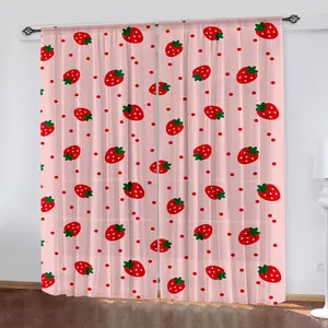 2Pcs Strawberry Semi-Transparent Curtain For Bedroom Living Room Girls Pink Cute Fruit Print Curtain Kawaii Room Decor Strawberries Window Drapes Window