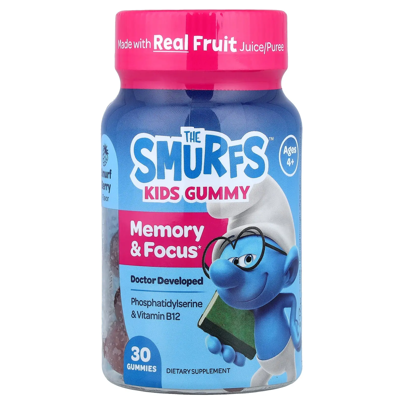 The Smurfs Kids Gummy, Memory & Focus, Ages 4+, Smurf Berry, 30 Gummies