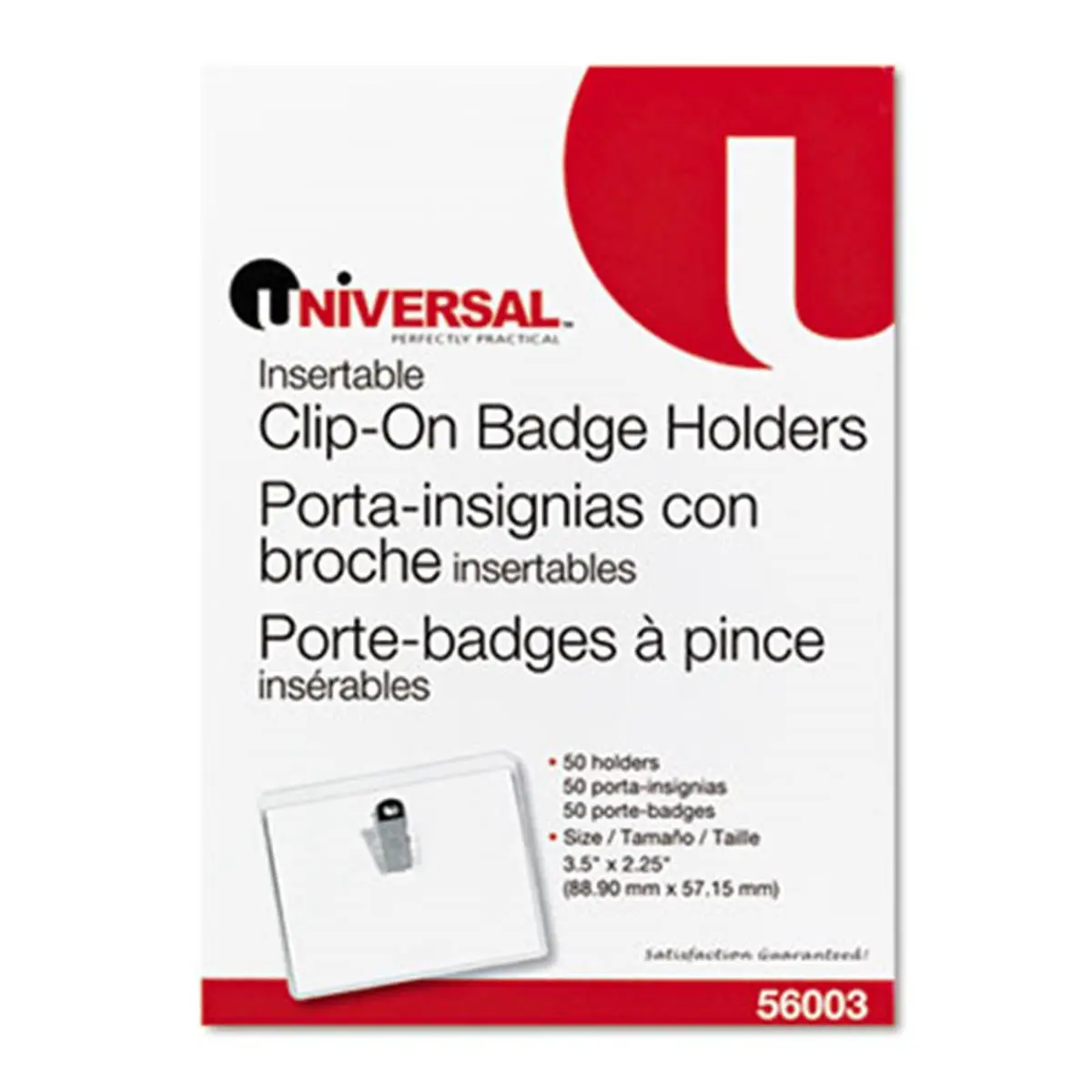 Universal 56003 Clip-On Clear Badge Holders with Inserts- Top Load- 2.25 x 3.5- White- 50-Box