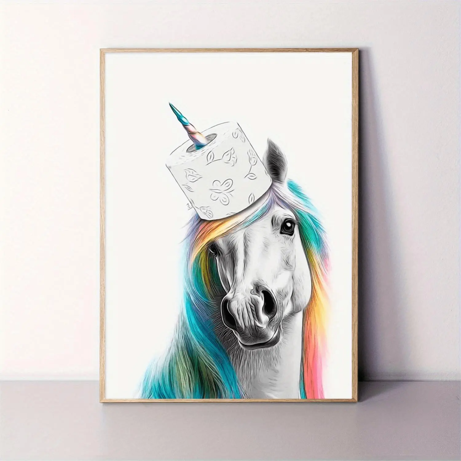 Frameless Artistic Rainbow Mane & Toilet Paper Hat Print, Colorful Home Decor, Ideal for Bathroom & Youngsters' Room Wall Hanging Artwork, Unicorn Room Decoration