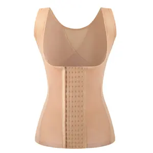 Breathable mesh steel-boned waist support corset top with six-row hook-and-eye closure, waist cincher and tummy control shapewear