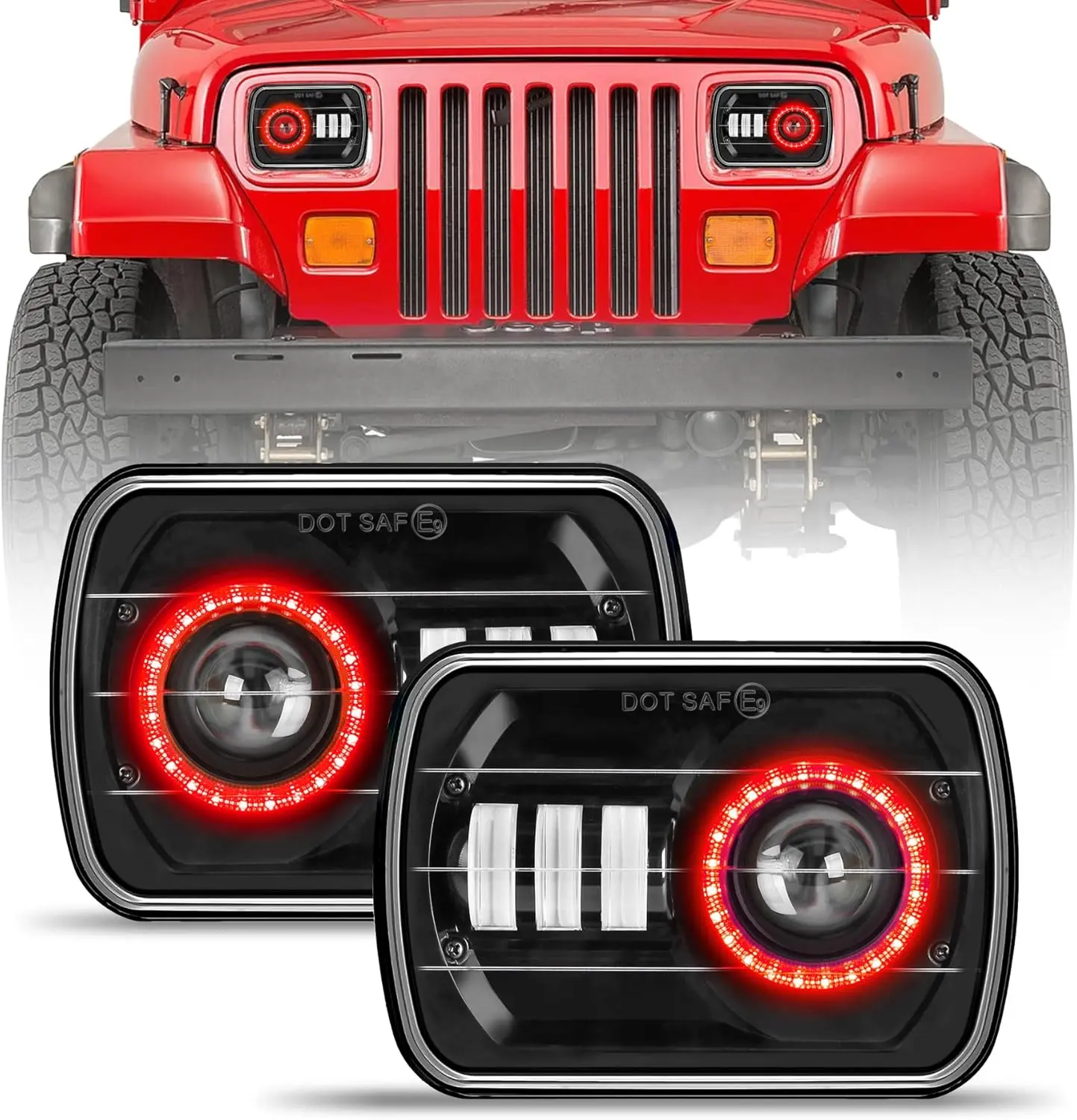 2Pcs 5x7 7x6 Inch LED Headlights with Red Halo DRL Amber Turn High/Low Beam, Compatible with Wrangler YJ Cherokee XJ Kenworth T300 Trucks Replacement H6054 H5054 6052 6053