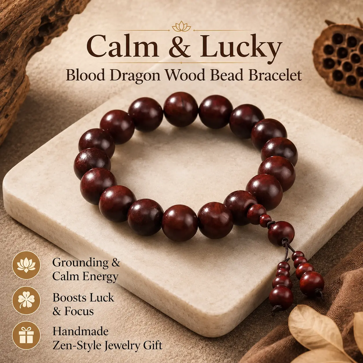 Zen Dragon Blood Wood Bead Bracelet, Unisex Wooden Jewelry with Smooth Round Beads and Red Gourd Pendant for Casual Wear, Wooden Bead Jewelry, Unisex Fit