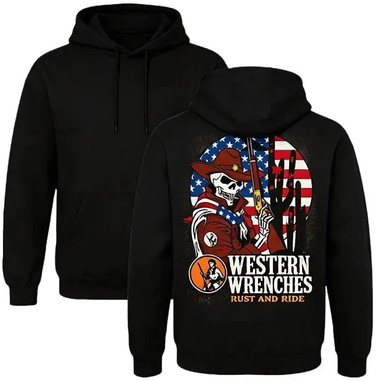 Men's Western Wrenches Rust and Ride Hoodie - White, American Flag Design, Cactus Print - Ideal for Western Enthusiasts Casual Menswear Sweatshirts Tops Love Long Sleeve hoodies