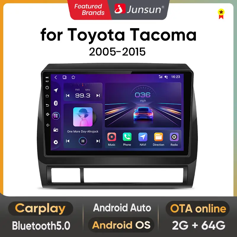Junsun Android 13 Car Head Unit, 9-in In-Car Media Touchscreen for Toyota Tacoma 2005-2015, Wireless CarPlay, Auto GPS Navigation, WiFi, Bluetooth, 2G RAM 64G ROM Multimedia Video Player, Car Video Players