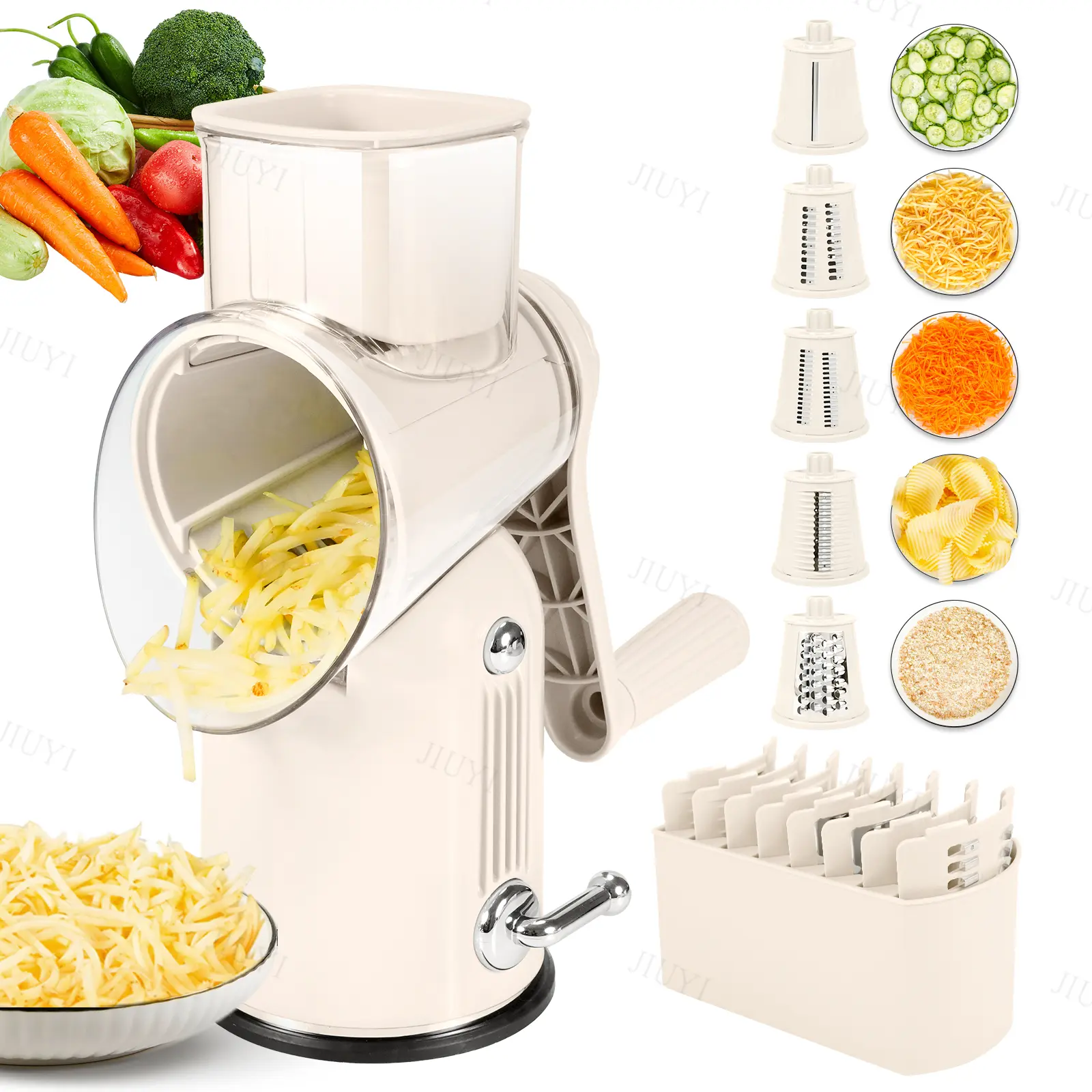 5-in-1 Larger Size Stainless Steel Rustproof Rotary Grater with Handle - Manual Cheese Shredder, Cheese Slicer, Hand Crank, Strong Suction Base, Blade Storage Box, Peeler - Green Kitchen Utensil Time Saver for Foodies