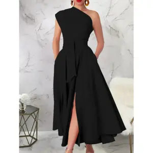 Women's Plus Size Dress, Asymmetrical Shoulder Tie Design, Waist Cinching, Pockets, Slit Hem, Perfect for Dates and Parties