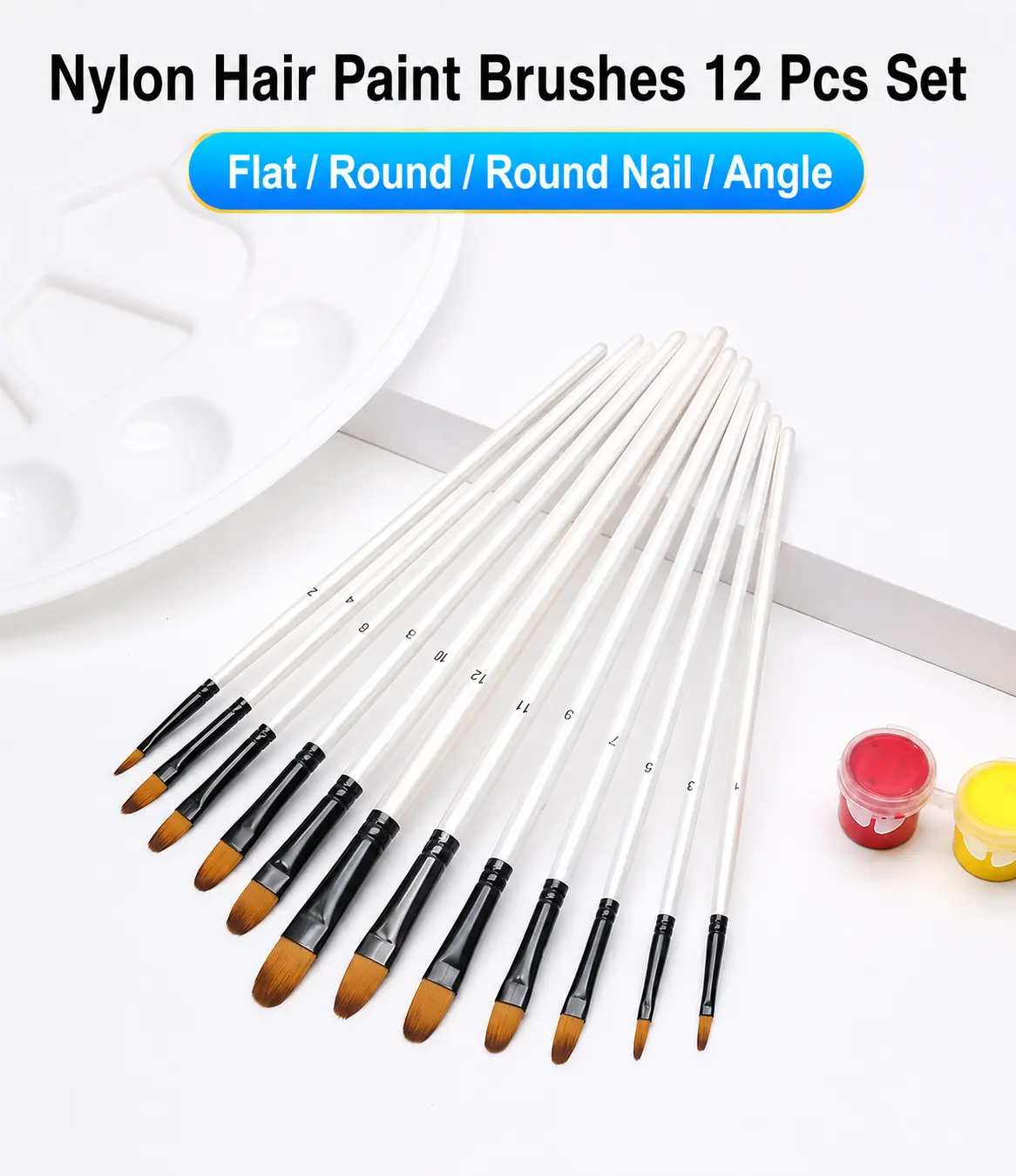 12PCS Nylon Paint Brush Set | Soft Bristles for Watercolor, Acrylic & Gouache | Flat, Round & Angled Brushes