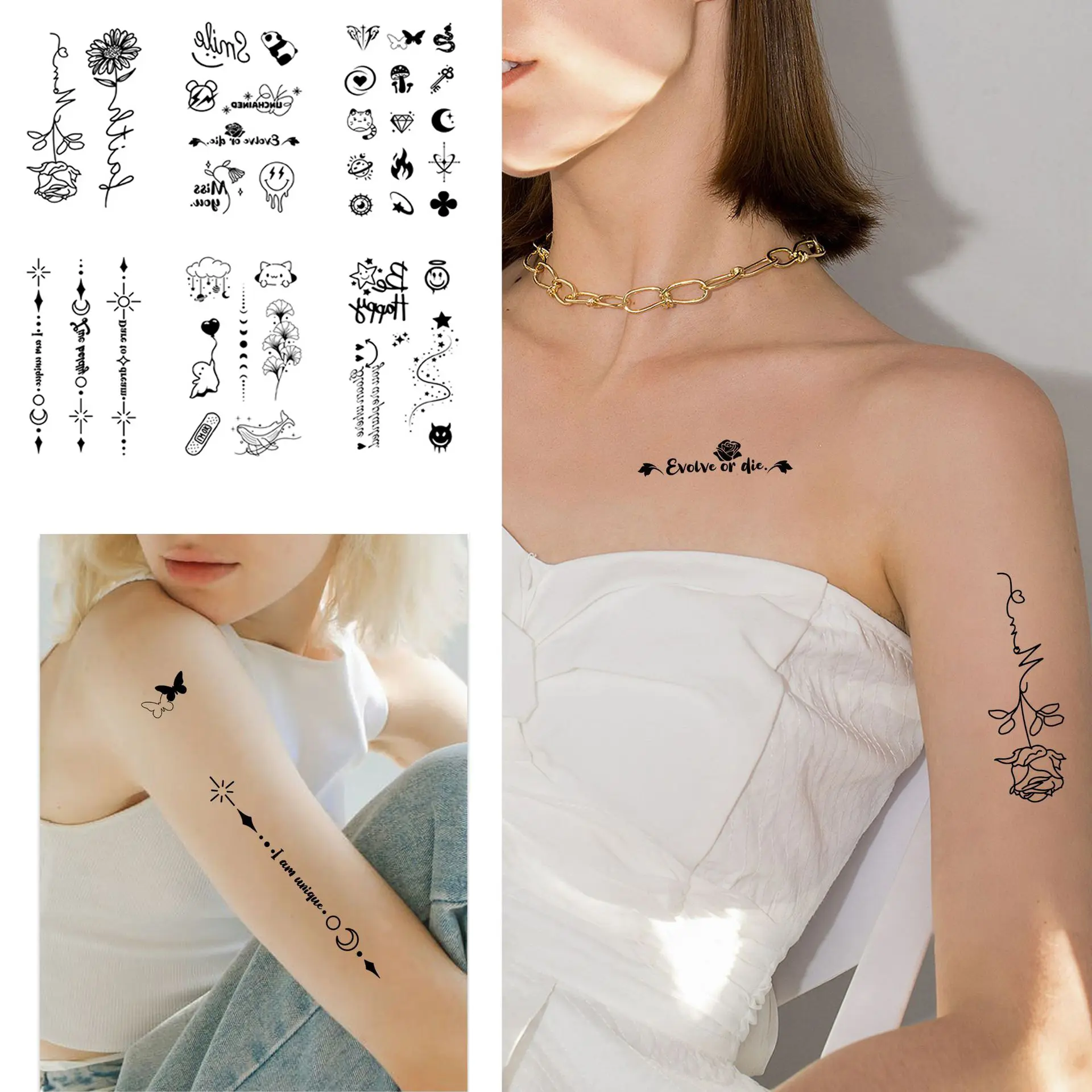 A set of 30 temporary tattoo stickers, featuring black animal skeletons, floral watercolor butterflies, inspirational art words, and line patterns