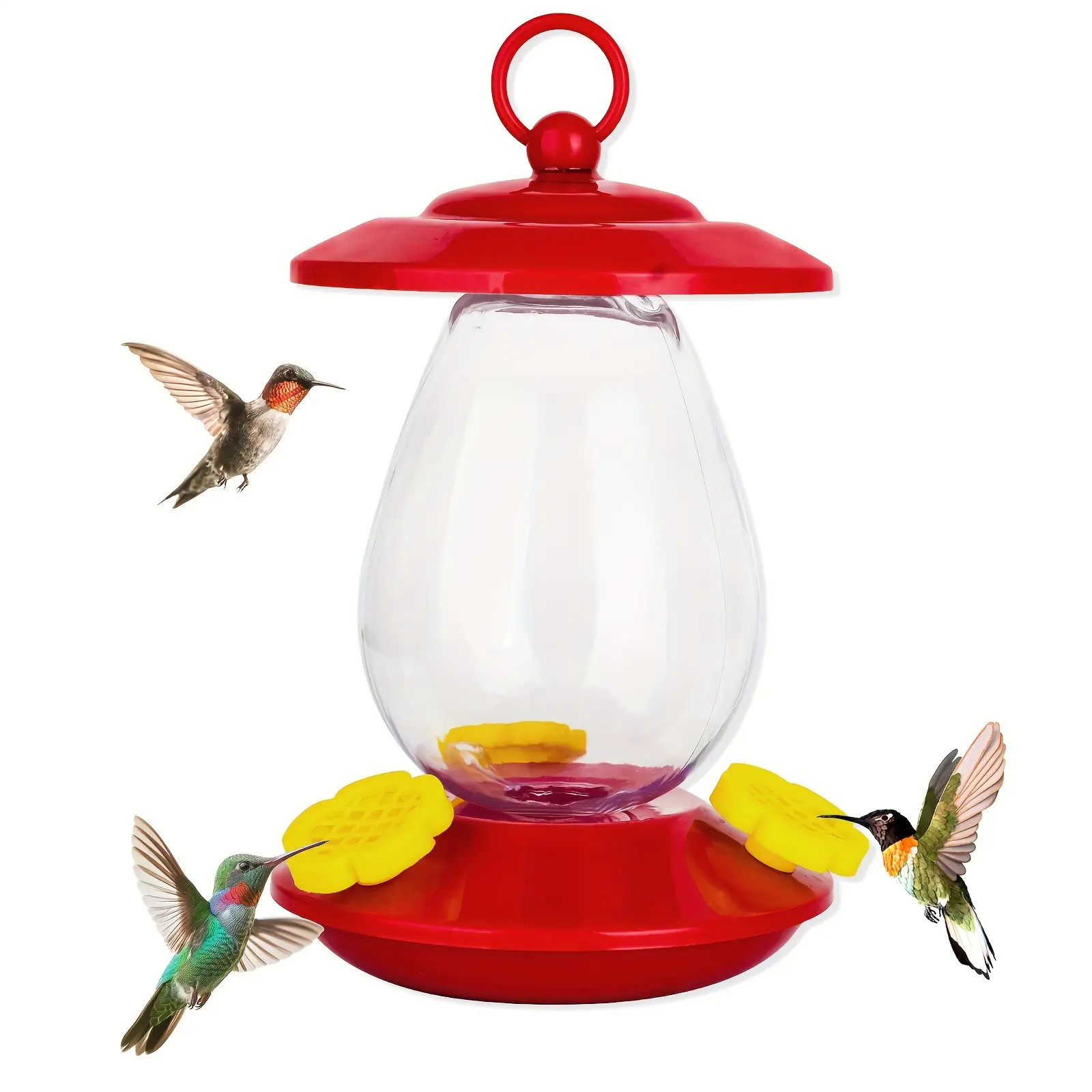 Vibrant Red Round Hummingbird Feeder - 3 Ports, 15oz Capacity, Easy-to-Clean Durable Outdoor Hanging Feeder with Floral Design for Garden Bird Lovers, Round Bird Feeders