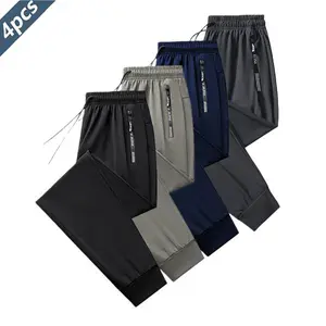 4PCS Ice Silk Sports Pants with Drawstring Elastic Design and Zippered Pockets, Lightweight, Highly Elastic, Quick-Drying Fitness Trousers, Skin-Friendly, Smooth Soft Fabric, Suitable for Indoor Sports, Summer Outdoor Activities, Breathable Activewear Bot