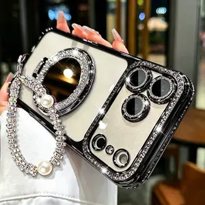 All-in-One Phone Case for iPhone 12/13/14/15/16/17 Pro Max,17Air,14/15/16 Plus – Foldable Mirror Stand & Hand Strap, Decorated Edges & Lens Rim, Premium Wristlet Lanyard & Shockproof Hard Shell