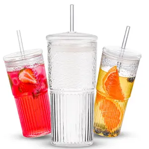 Glass Tumbler Cup with Lid and Straw, High Borosilicate Glass (650 mL) for Iced Coffee Water Smoothie Juice or Soda, reusable Stylish Aesthetic