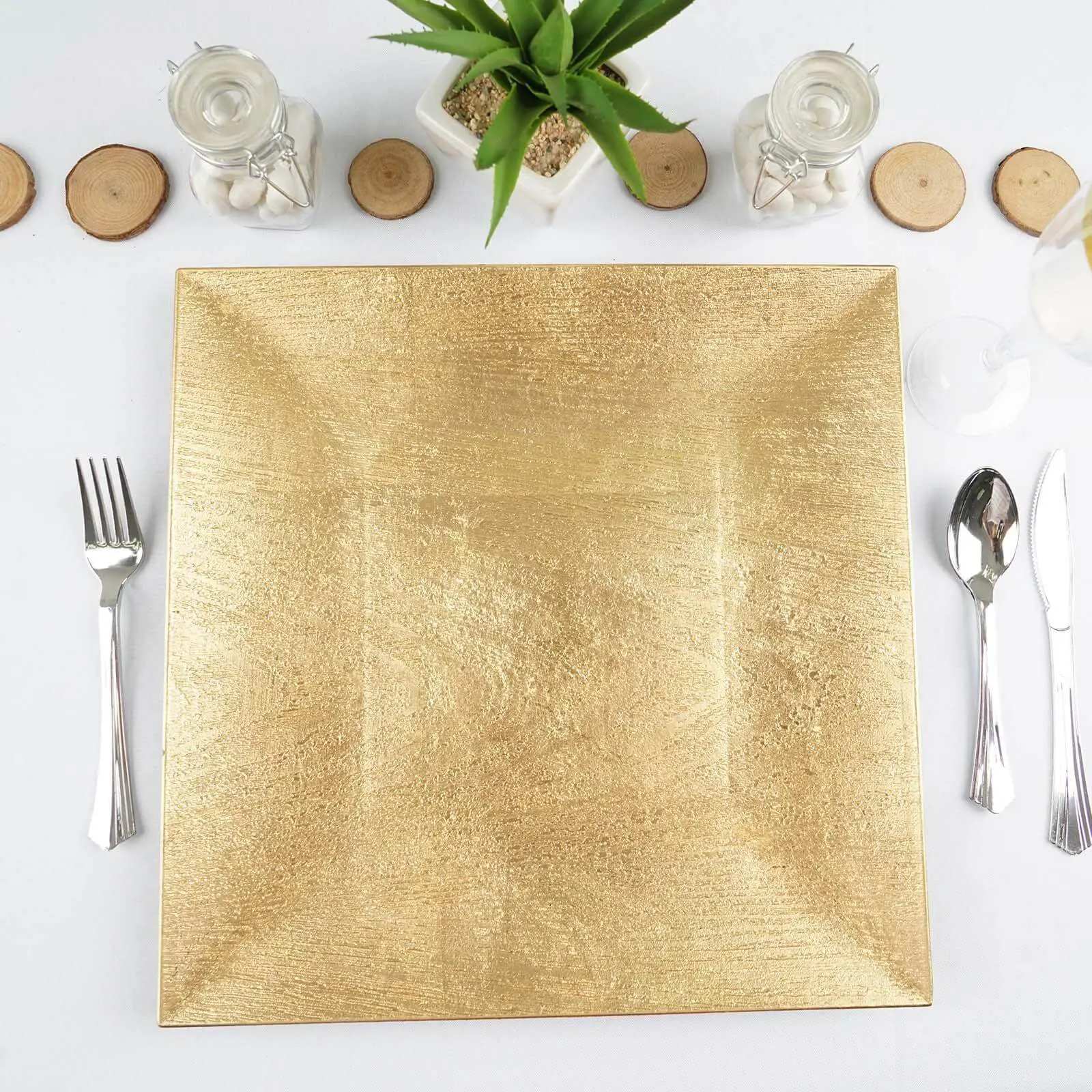 12" Gold Acrylic Square Charger Plates (6-Pack) with Embossed Wood Grain, Boho Chic Display Tray Plates for Dinner Party Tableware Decor