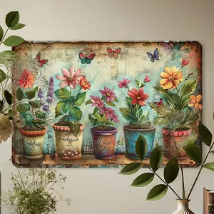 Retro Vintage Bohemian Metal Tin Sign Wall Art - Rustic Potted Plants & Colorful Flowers Design, Durable Waterproof Iron, 12x8 in, Pre-Drilled Holes for Easy Install, Room Decor, Household Items Decor for Home Office