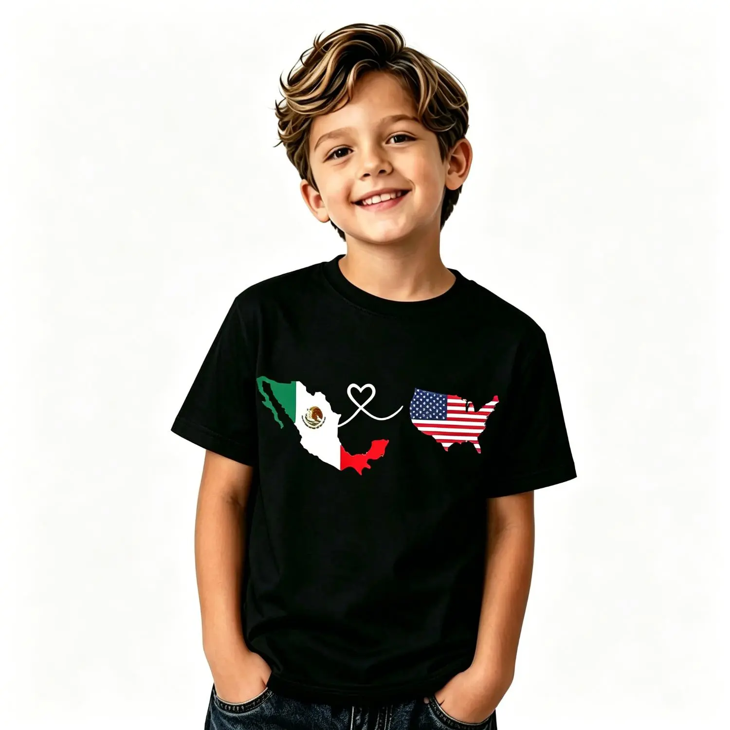 Girls' 3Y-13Y Soft Cotton Short Sleeve Athletic T-Shirt - Hypoallergenic Crew Neck, Mexican American Map Heart Flag Pride, Basic Regular Fit, No Excessive Ornamentation, Heart Detail, Machine Washable