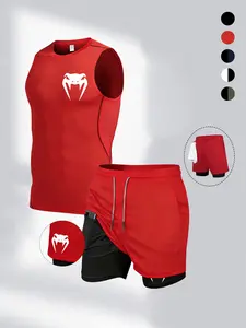 Men's Indoor Outdoor Sports Set, Tight Fit Quick Dry Vest Top + Multi-Pocket Double Layer Shorts, Gym Running Training Fitness Wear