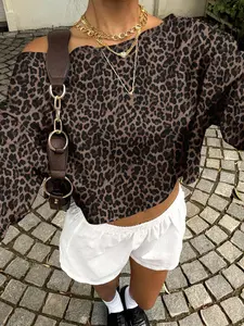 Women's Leopard Print Off-Shoulder Fitted Pullover Sweatshirt, Casual Campus Style, Youthful Fashion, Holiday Wear, Versatile and Trendy