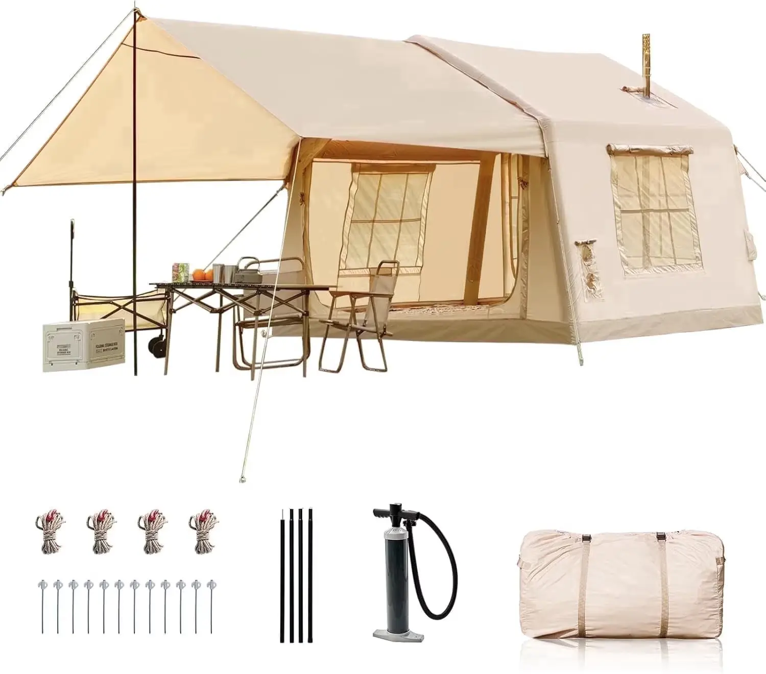 Inflatable tents for 4-6 people with canopy, thermal tents with smoke vents, easy-to-set-up inflatable camping tents with hand pump, waterproof inflatable houses for luxurious family camping.