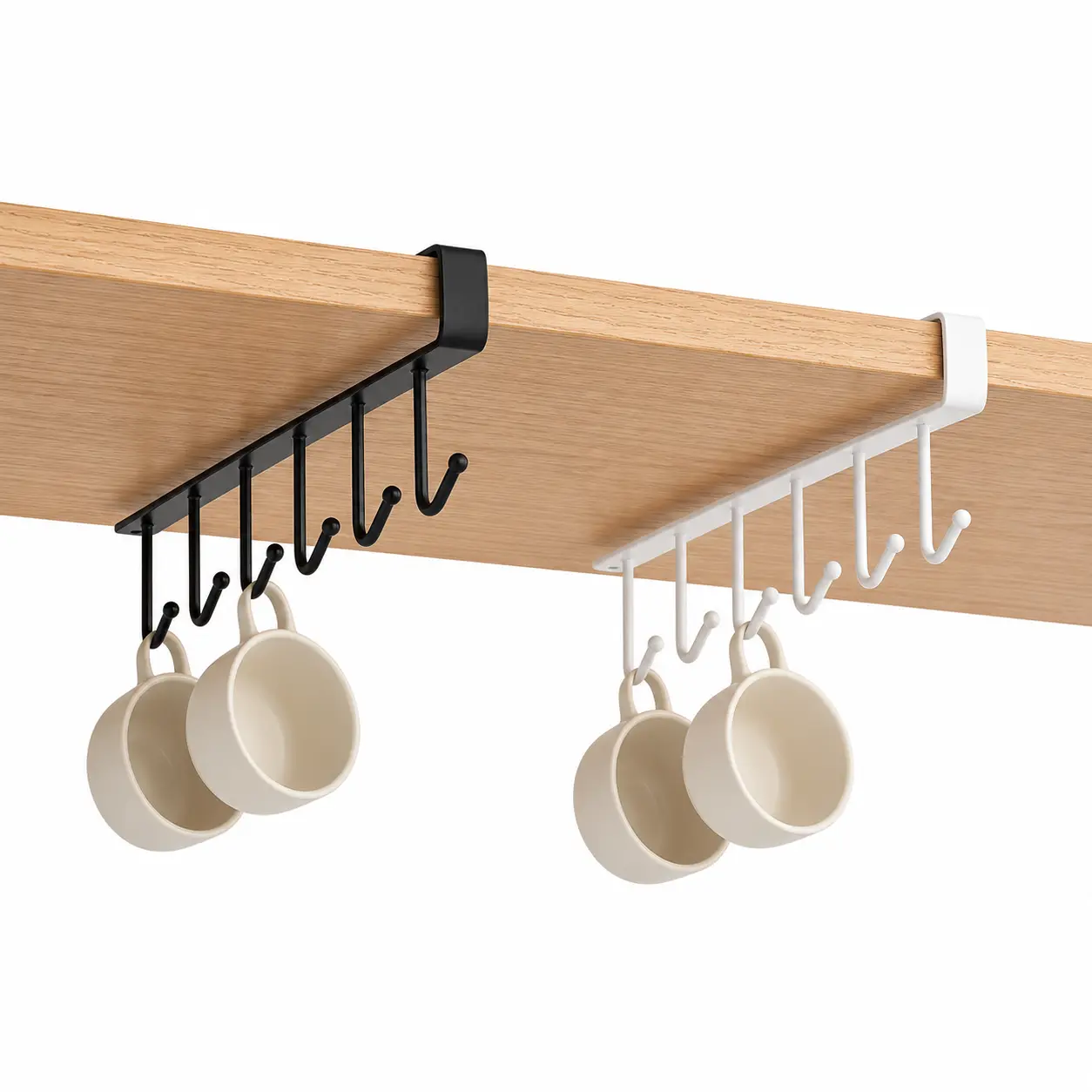 6-Hook Under Cabinet Mug Holder Rack - No-Drill Slip-Fit Mount Space-Saving Hanger, 2 Whites Multi-Purpose Home Organizer for Mug Storage, Kitchen Utensils, Two Whites