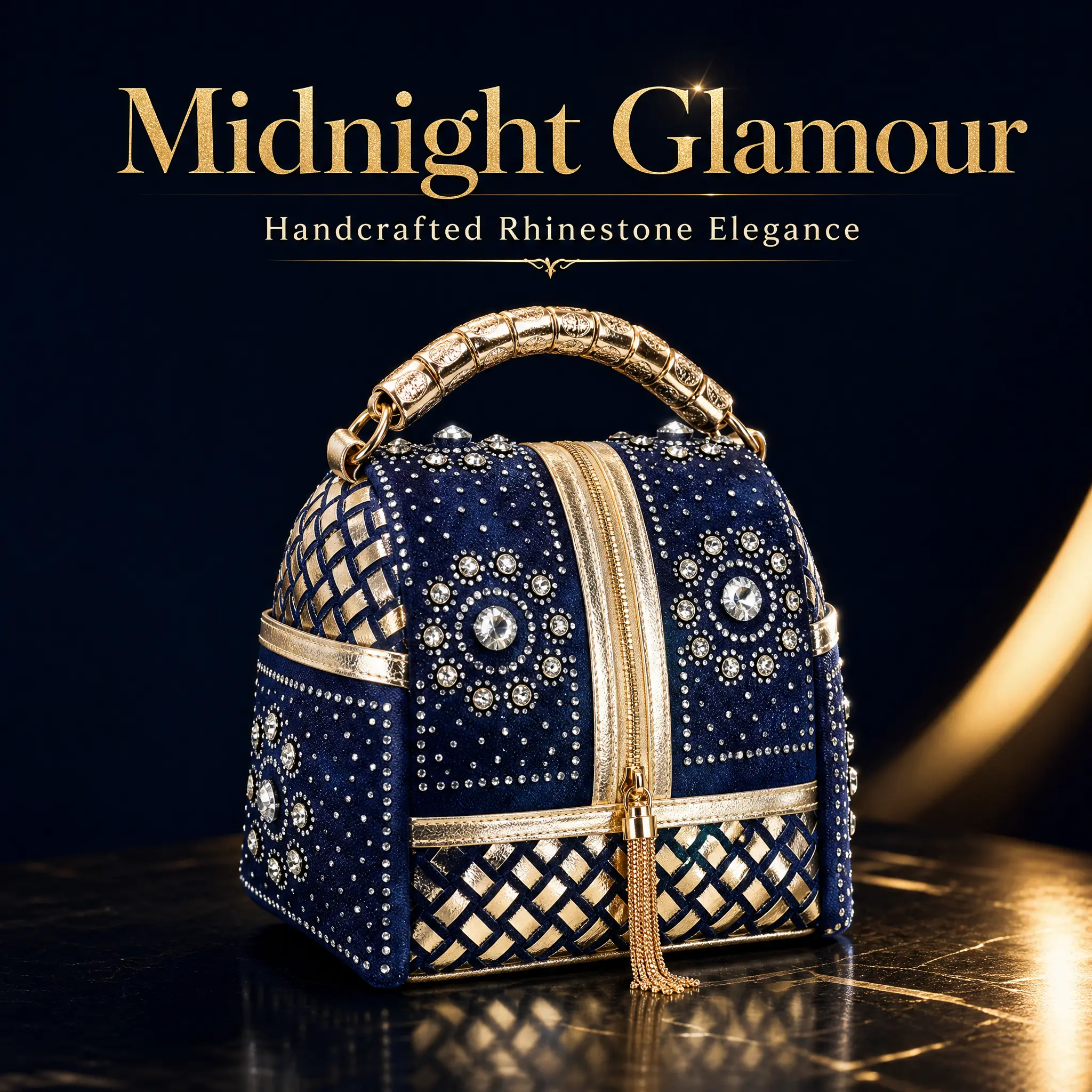 Midnight Glamour Handcrafted Rhinestone Elegance Blue & Gold Crossbody Bag with Rhinestones and Tassel