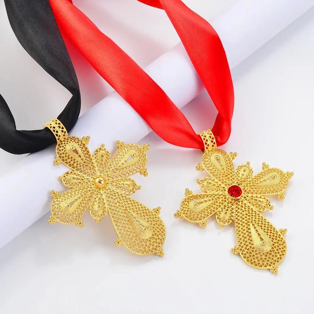 Anniyo Ethiopian Big Cross Pendant DIY Rope Chain for Women Girls,African Wedding party Item Eritrean Jewelry Habesha @263306