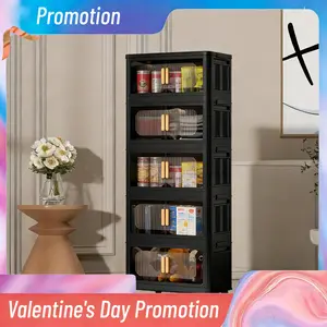 5-Tier 20" Foldable Storage Cabinet with Wheels & Magnetic Door | Slim Collapsible Organizer for Closet, Kitchen, Bathroom | Black Plastic Shelving Unit