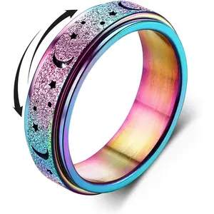 MILACOLATO Stainless Steel Fidget Rings for Anxiety Relief for Women 6mm Rose Ring with Sparkling Zircon Inlay Adjustable Size 5-9 Thumb Ring