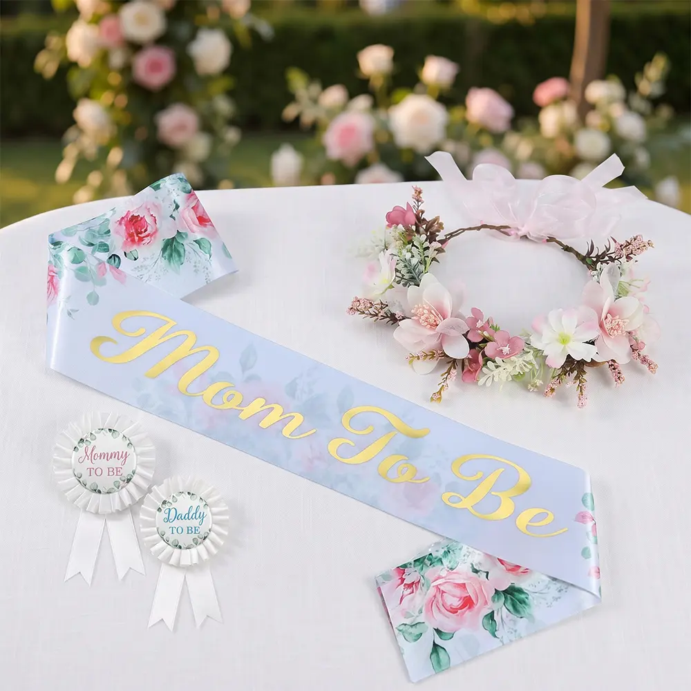 Summerwins Sturdy 4-Piece Pink Flower Design Shower Sashes & Pins Maternity Belt Set - Corsage, Flower Crown, Reusable Mom-to-Be Pins, Expectant Parents’ Baby Shower Favor & Pregnancy Dress Accessory