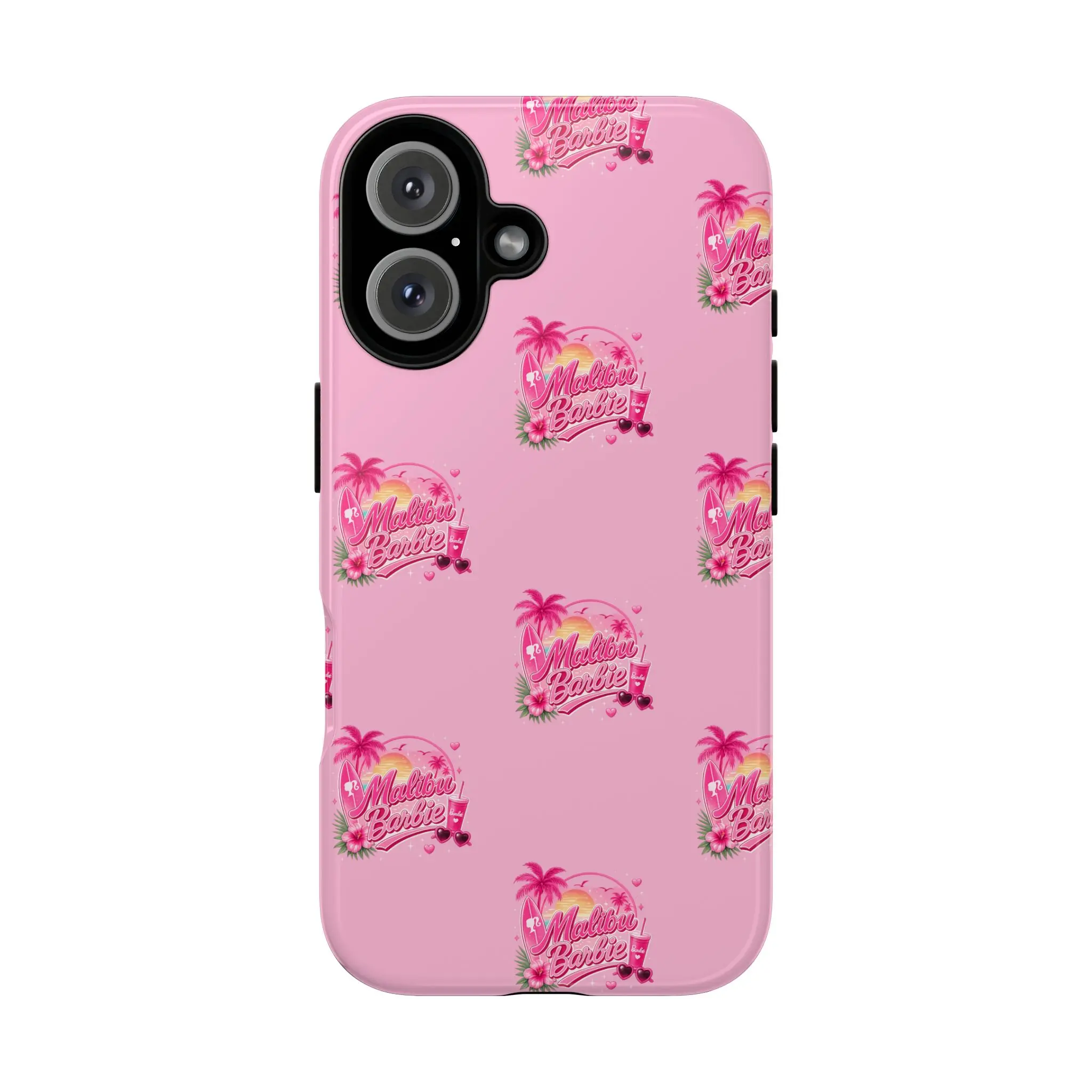 Malibu Barbie beach logo Phone Case | pink palm trees, surfboard, sunglasses