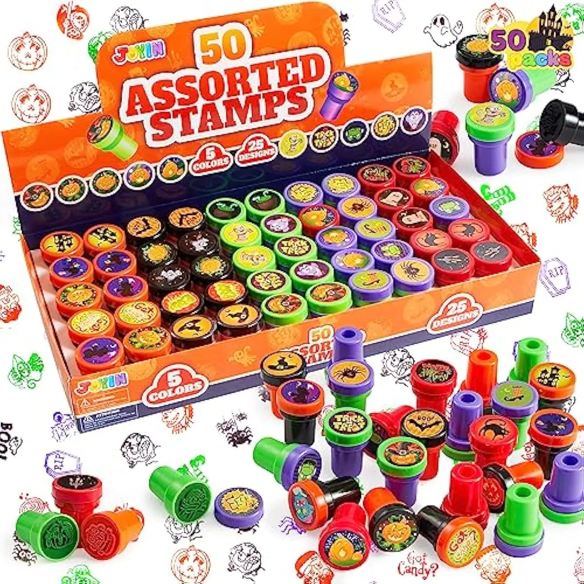 50 Pcs Halloween Stamps for Kids, 25 Designs Assorted Plastic Stamps Bulk, Trick Or Treat Stampers for Halloween Party Favor Gifts, Halloween Goodie Bag Fillers Classroom Game Prizes