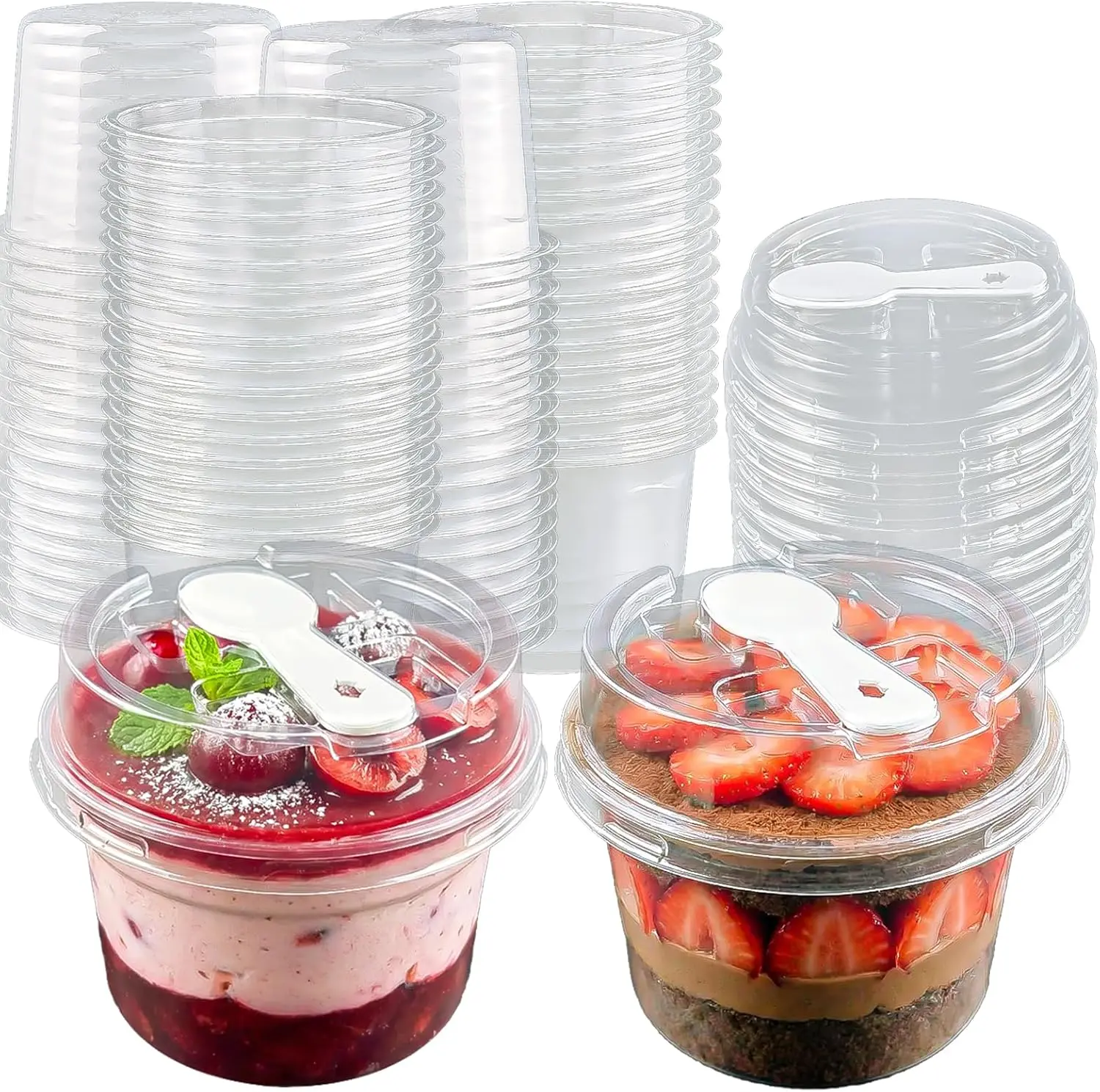 50 Pack 8 oz Clear Plastic Dessert Cups with Lids and Spoons, Disposable Pudding Cups, Parfait Yogurt Fruit Trifle Containers for Parties Weddings Catering