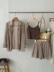 [Plus Size] Three-Piece Set  Solid Color, Basic Casual Fashion Set Short Sleeve Button Up Shirt & Crop Cami Top & Shorts Set for Daily Wear, Women's Clothes for All Seasons, Suits, Womenswear, Casual Loungewear Set