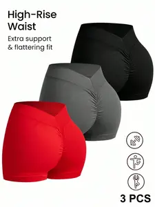 3-Piece Set of Ladies Casual Fashion Solid Gym Shorts, Summer Sports Shorts, Running Workout Shorts, Breathable Elastic Tight Yoga Shorts, All-Season Yoga Wear