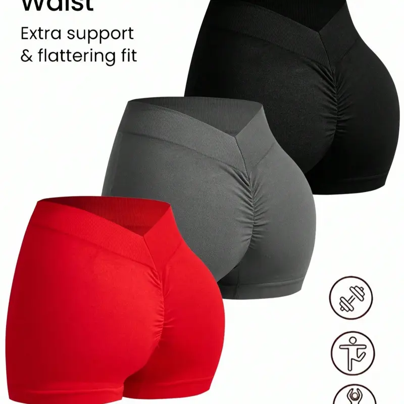 3-Piece Set of Ladies Casual Fashion Solid Gym Shorts, Summer Sports Shorts, Activewear Shorts, Running Workout Shorts, Breathable Elastic Tight Yoga Shorts, All-Season Yoga Wear