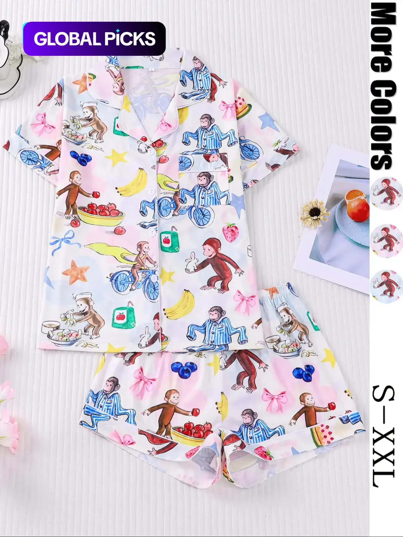 Women's Cute Monkey Print Pajama Set, Short Sleeve Lapel Top & Elastic Shorts, Casual Summer Sleepwear, 2 Piece, Pajama Pattern