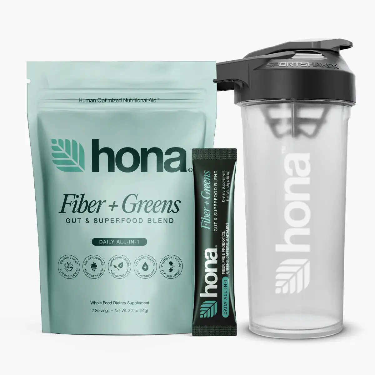 HONA Fiber and Greens Tropical Starter Bundle with 30 Individual Sachets and 27 oz Premium Shaker Bottle | Daily Gut Health Drink Mix with 8g Fiber, Psyllium Husk, Prebiotics, Probiotics and Super Greens | Digestive Health Support
