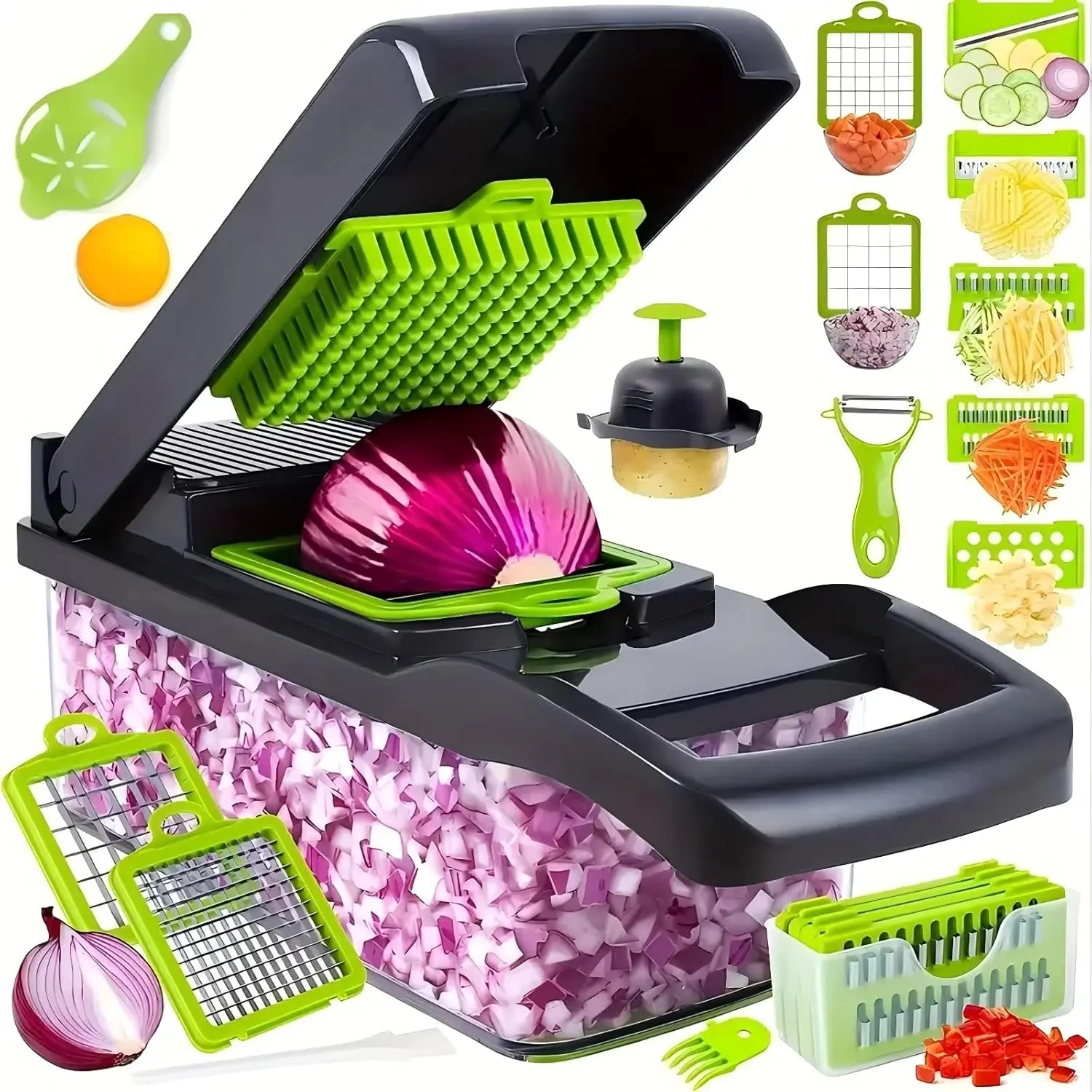 14-in-1 Vegetable Chopper & Mandoline Slicer with Container – Onion Chopper Dicer, Food Chopper with 8 Blades, Veggie Cutter for Salad, Potato, Carrot – BPA Free Kitchen Gadget, Dishwasher Safe