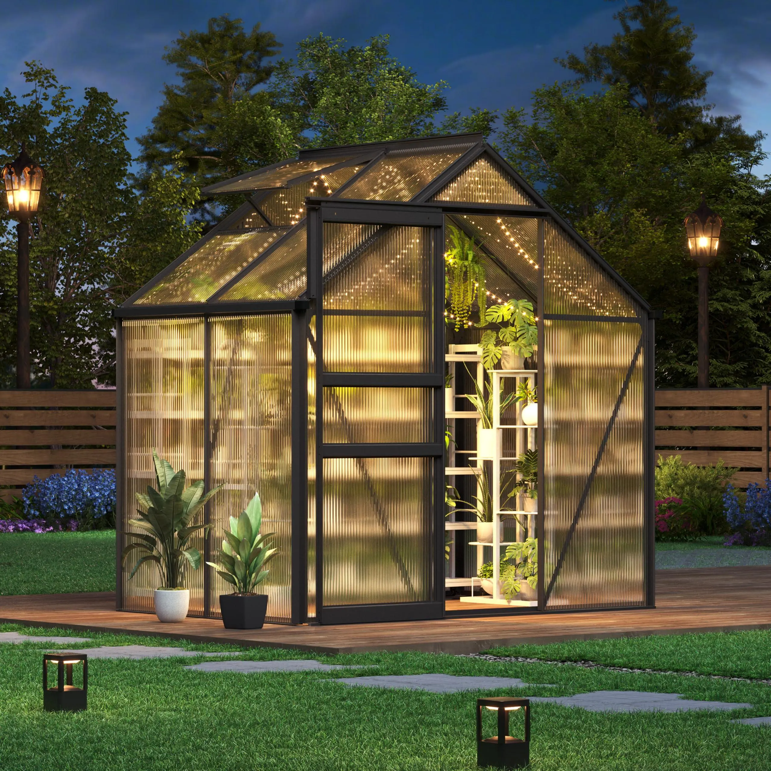 [GAOMON]6x4 FT Walk-in Polycarbonate Greenhouse - Heavy Duty Aluminum Frame with Base Kit, 4mm Double-Wall UV Protected Panels, 5-Position Adjustable Roof Vent & Sliding Door, Winter Plant House