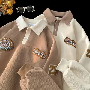 Men’s waffle polo sweatshirt for spring and autumn, embroidered lapel, retro heavy jacket with long sleeves — couple matching design (model H)